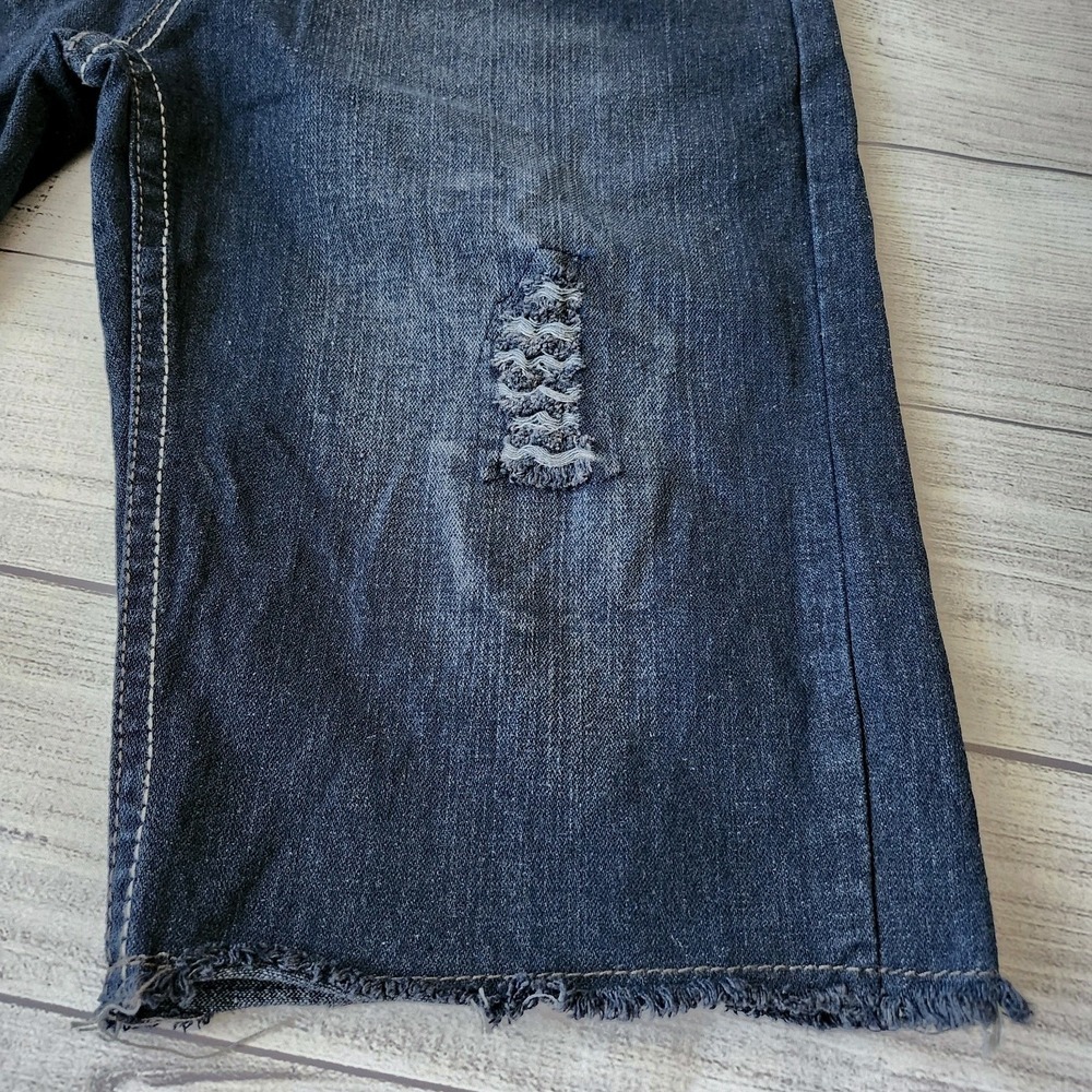 Men's Distressed Dark Blue Wash Denim Shorts Skinny Fit - Picture 2 of 11